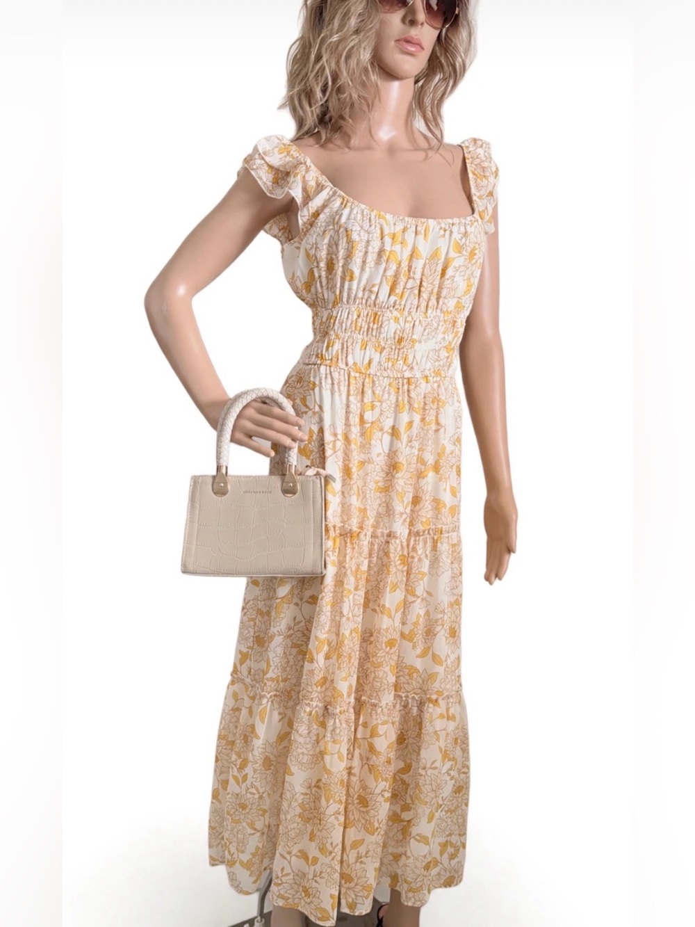 TRIXXI Women’s Yellow Floral Tiered Maxi Dress Fully Lined Size Large
